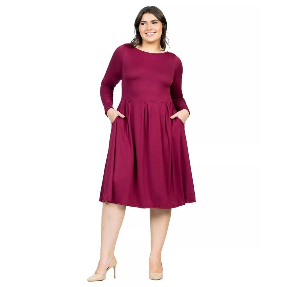 24seven Womens Plus Size Long Sleeve Pleated Fit & Flare Dress, NWT